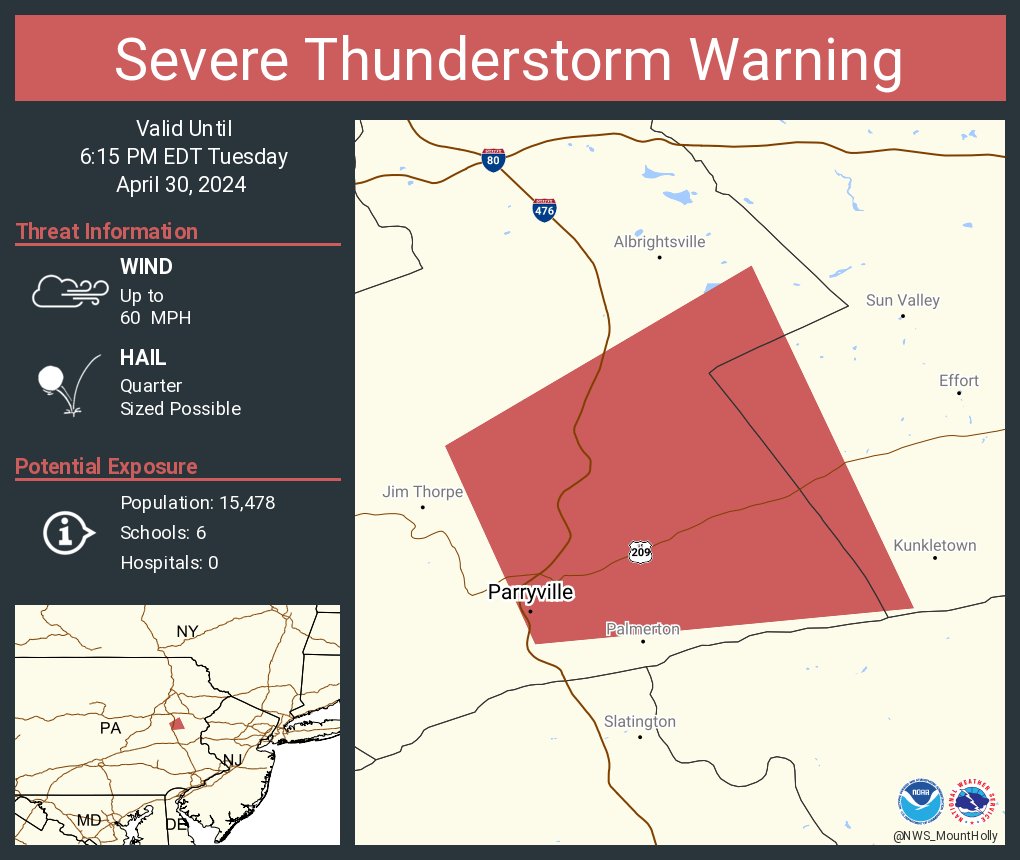 Severe Thunderstorm Warning continues for Parryville PA until 6:15 PM EDT