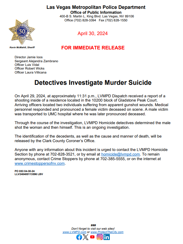 Please click below for more information on a murder suicide that occurred April 29, 2024, near Hualapai & Farm.