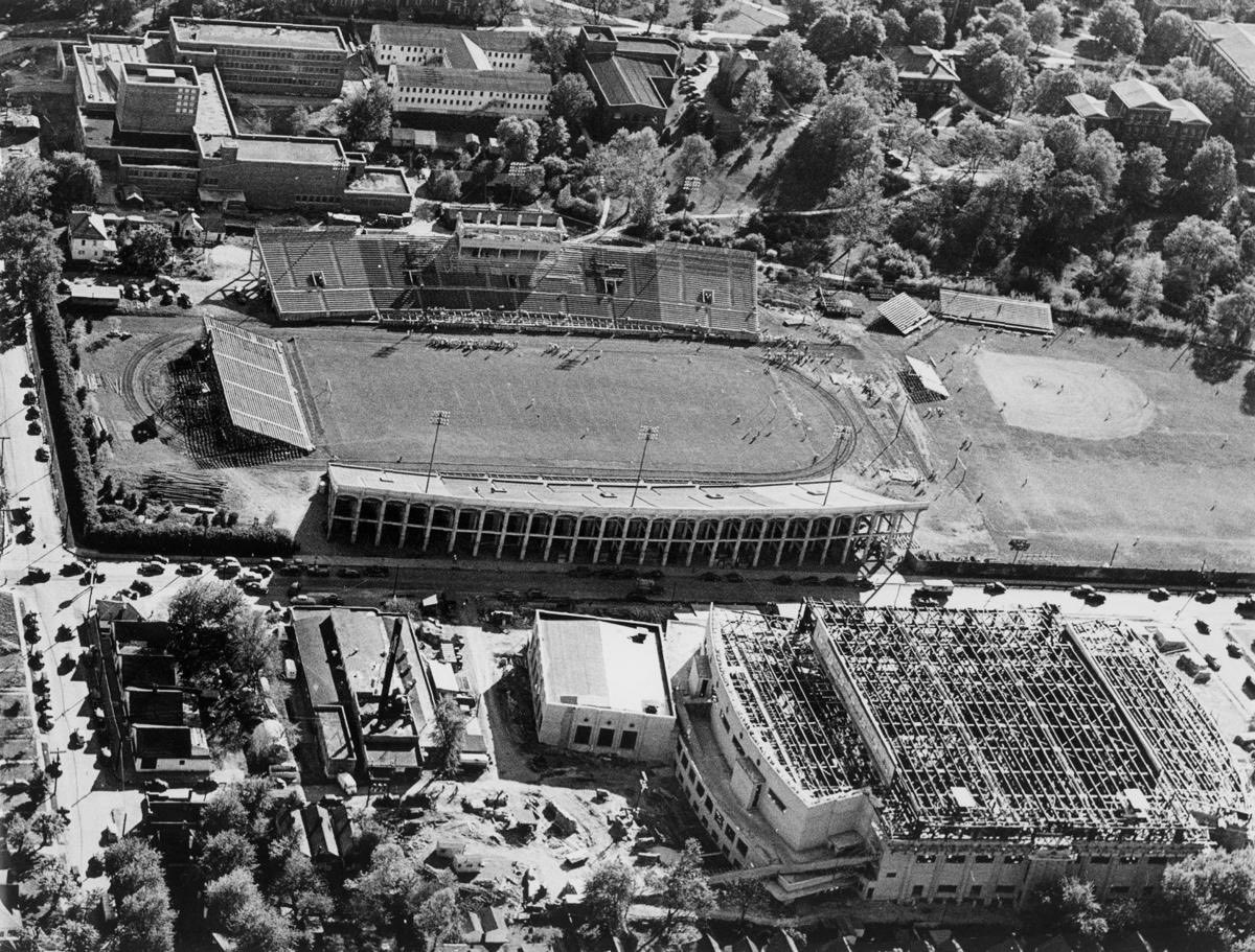 Things were quite simply around UK campus in early 1950s with Memorial Coliseum under construction across the street from Stoll Field and UK baseball field near the end zone.