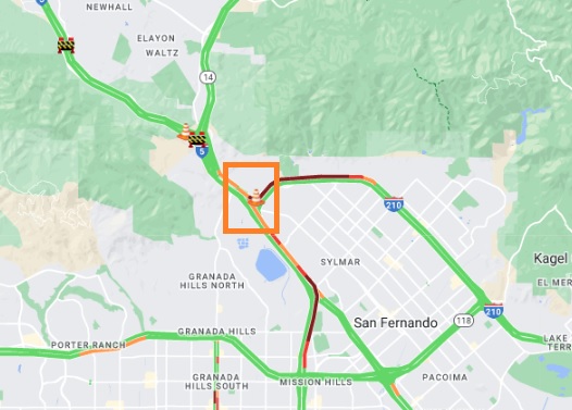 Sylmar: On the westbound I-210 connector to northbound I-5 the two right lanes are closed until 7 p.m for urgent bridge repair. QuickMap.dot.ca.gov. Please #BeWorkZoneAlert.