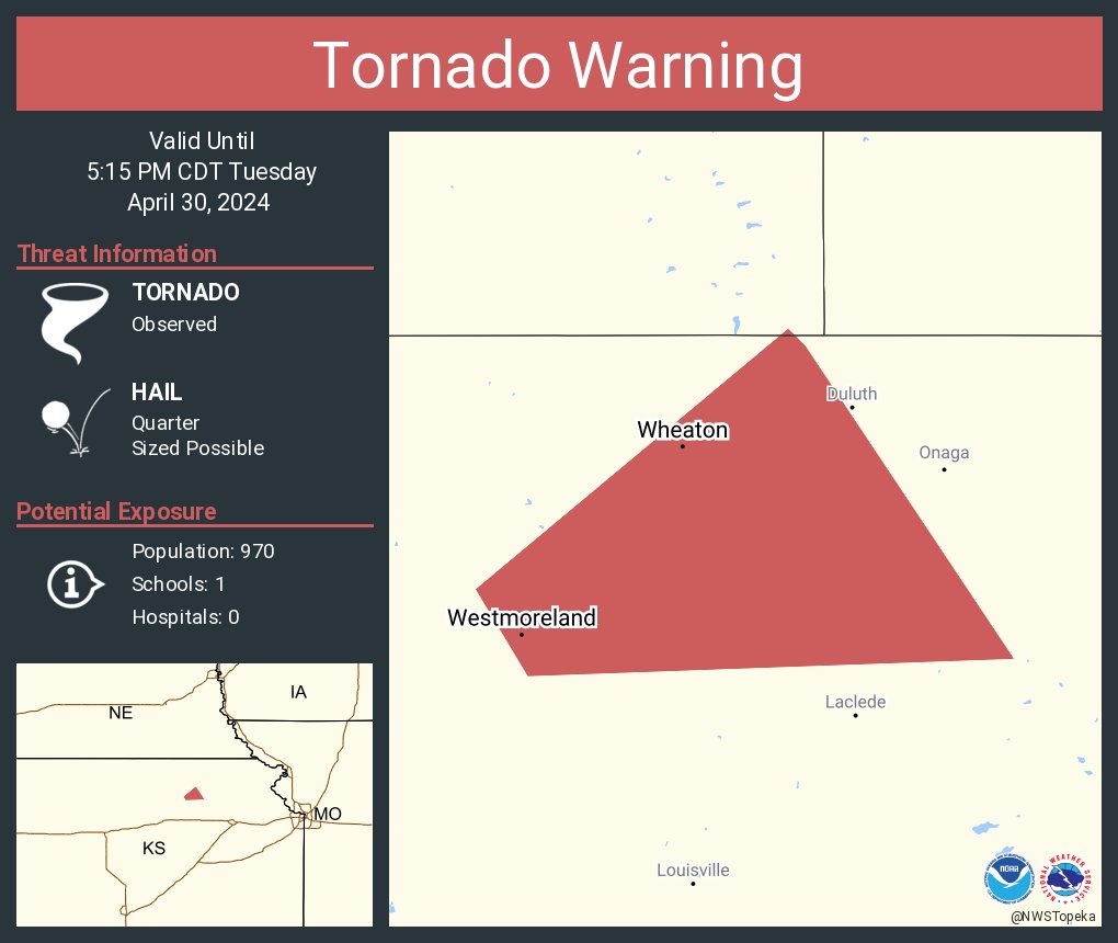 Tornado Warning continues for Westmoreland KS and Wheaton KS until 5:15 PM CDT