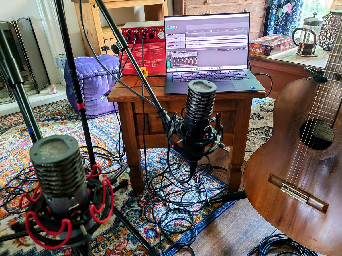DMitchell_Music's tweet photo. I've been busy turning the living room into a recording studio! Still more to do but a good start made on my first solo #guitar album. More details to follow!
#folkguitar #classicalguitar #astonmics #astonspirit #homestudio #dpa #focusrite #dell #luthier 
https://t.co/VdvHDNj4zq https://t.co/0R7kP2gEEn