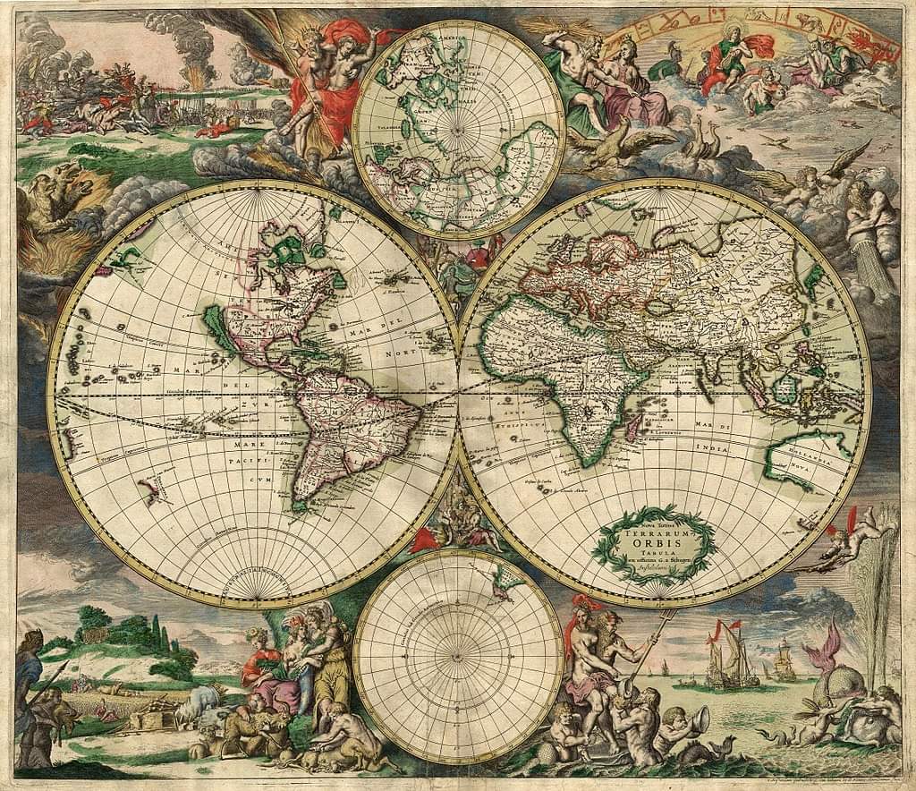World map by Gerard van Schagen, Amsterdam. Created in 1689