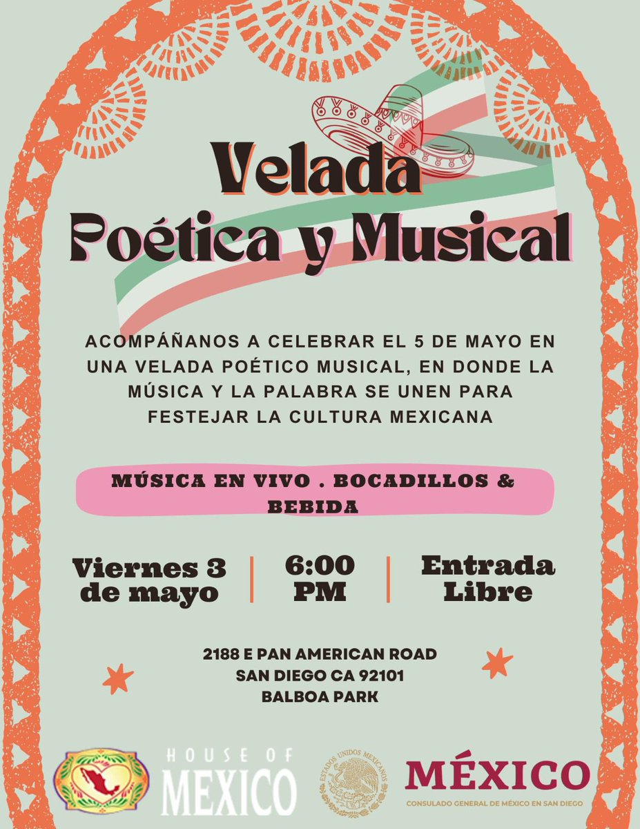 Este viernes 3 de mayo, en colaboración con House of Mexico, los invitamos a una velada poético-musical con talento literario y musical de la frontera. Acompáñanos a celebrar el emblemático 🇲🇽 Cinco de Mayo, de 6 a 8 pm en House of Mexico en @BalboaPark