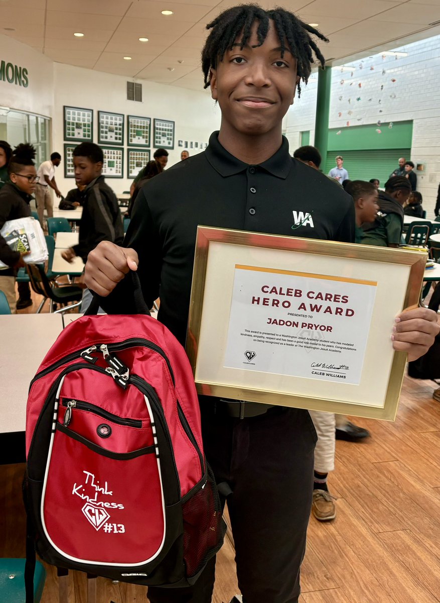 Congratulations to Jadon, our April Caleb Cares Hero Award winner from @WashJesAcademy! The Caleb Cares Hero Award is presented to a student who models kindness, empathy, respect and is a positive role model to their peers.