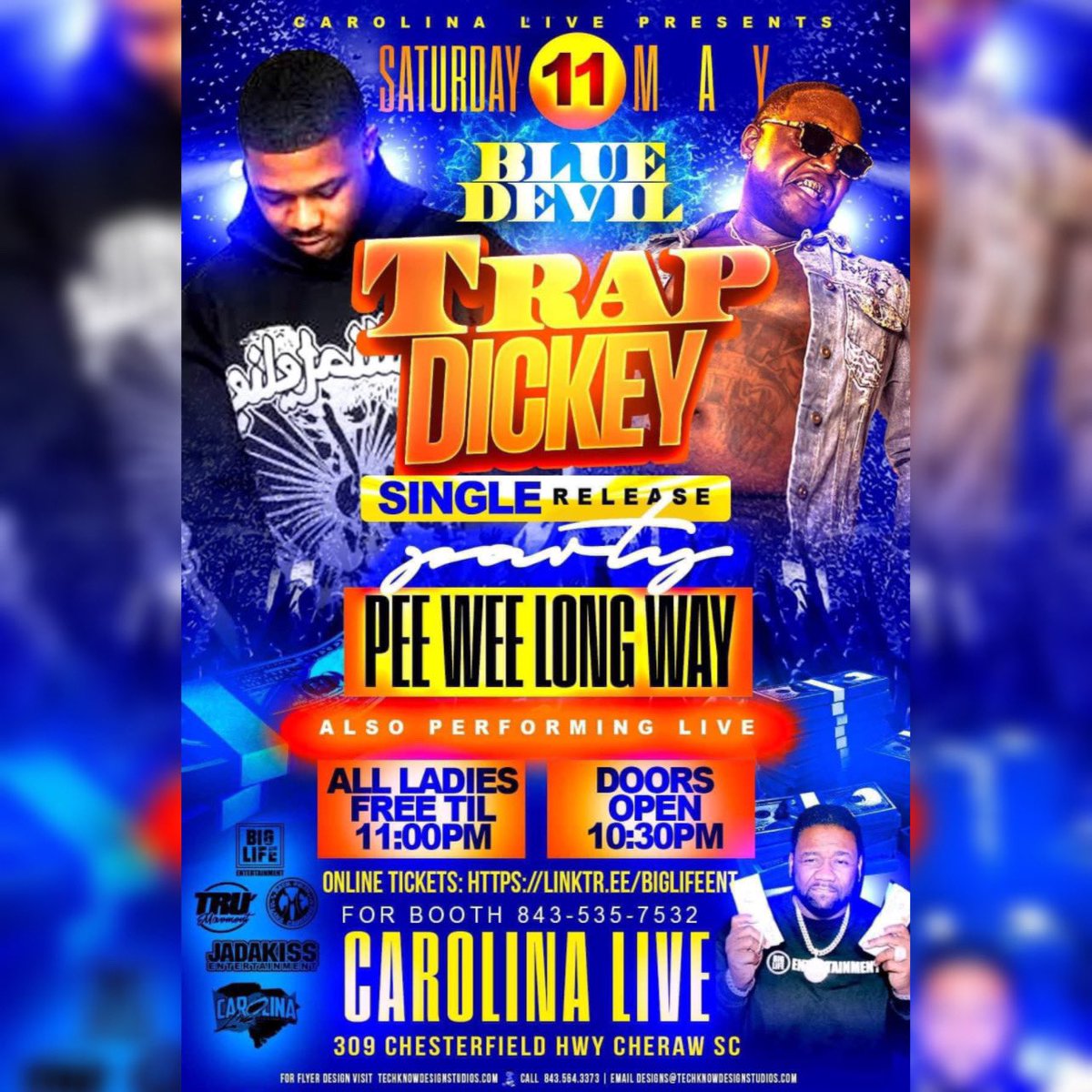 Trap Dickey & PeeWee Longway in the same building May 11th at Carolina Live in Cheraw, SC. Trap Dickey celebrating his single release “Blue Devils”. All ladies FREE until 11PM. DM me for booths & click the link in my bio for tickets. Powered by Big Life Entertainment 🏋🏿‍♂️