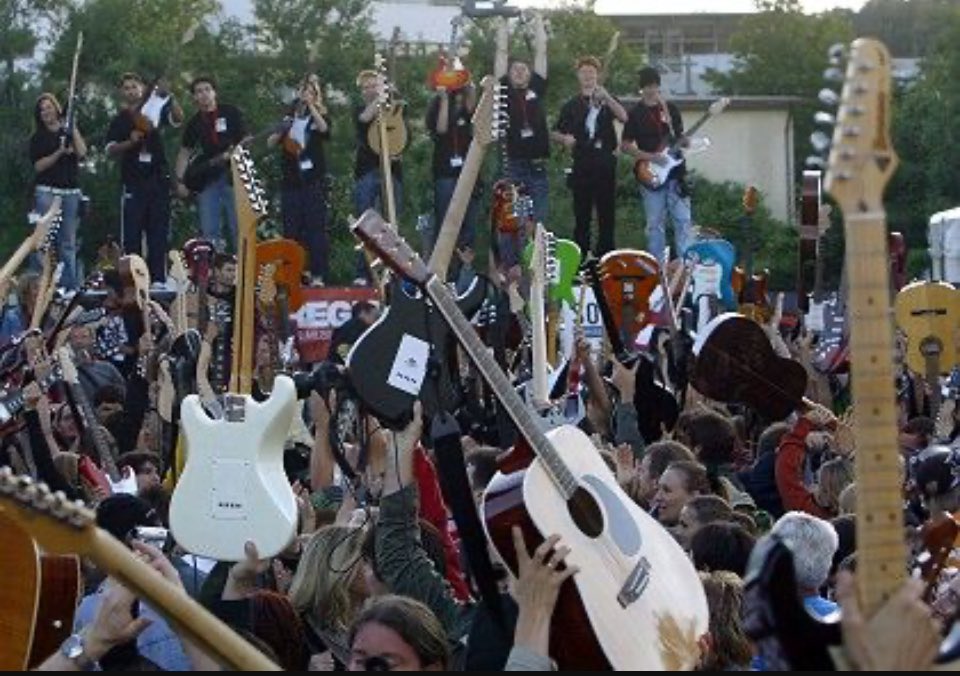 Today in Rock History May 1, 2006 Guinness certifies a new world record for most guitarists playing at the same time when 1,581 axepeople simultaneously perform the Jimi Hendrix version of 'Hey Joe' in Wrocław, Poland.