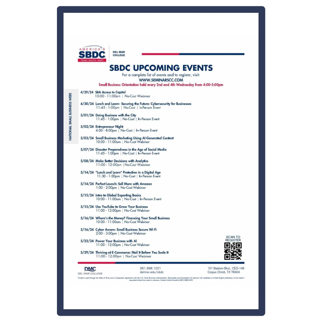 May is filled with opportunities for learning and growth at SBDC.  🤩

Make this month monumental by tapping into these resources and register today at SEMINARSCC.COM! 💥🚀

#CBBIC #TAMUCC #CoastalBendBusiness #SBDC #BusinessEvents #BusinessTips #BusinessSuccess #Webinar