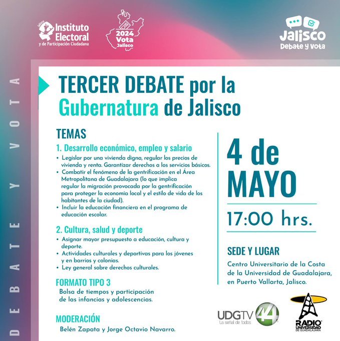 ¡No te lo puedes perder! Sigue la transmisión del 3er #JaliscoDebate2024 por @CANAL44TV y el canal de YouTube del @iepcjalisco para conocer las propuestas de las candidatas y el candidato por la gubernatura del estado de Jalisco 🗓️4 de mayo 🕔17:00 horas