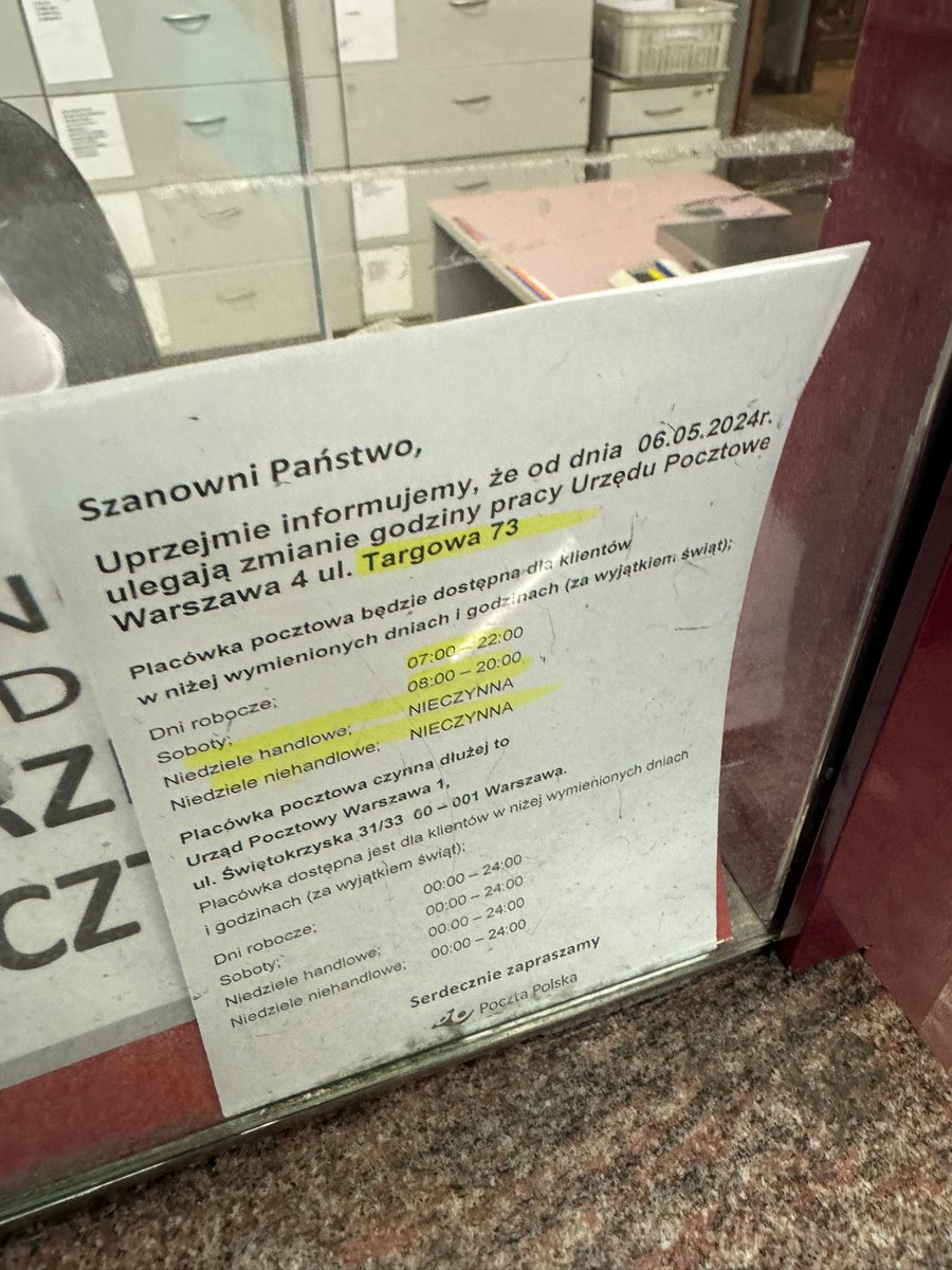 Koniec pewnej epoki 🥺 Od 6 maja cała prawobrzeżna Warszawa nie będzie miała już ani jednej całodobowej poczty ani urzędu pocztowego otwartego w niedzielę 🏤! Poza UP 4 przy Targowej, całodobowy był jeszcze kiedyś UP 44 przy pl. Szembeka…