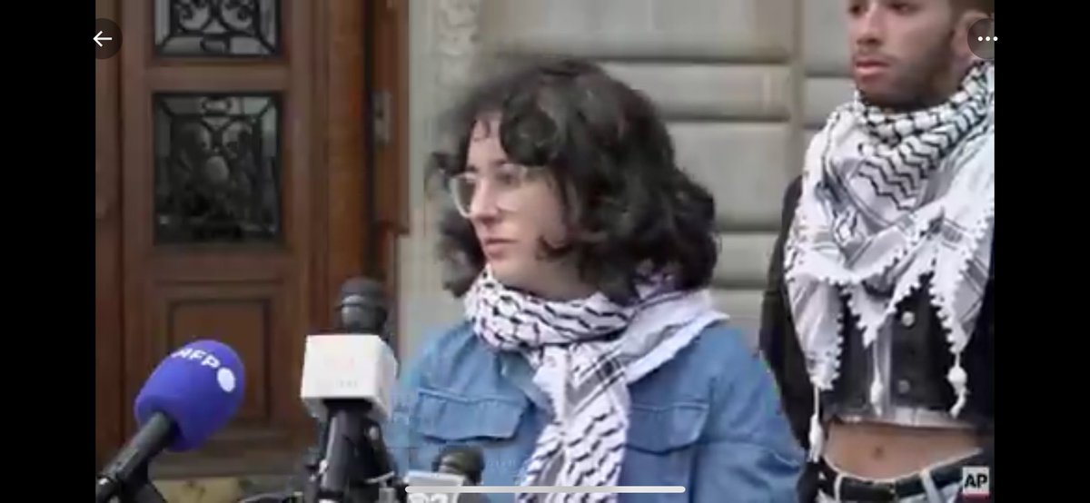 On the left: 16-year old Nika Shakarami who took off her hijab and sang in public, neither of which women are allowed to do in Iran. She was arrested, raped, and killed by her captors in 2022. On the right: Columbia U revolutionary, holding a press conference, demanding food