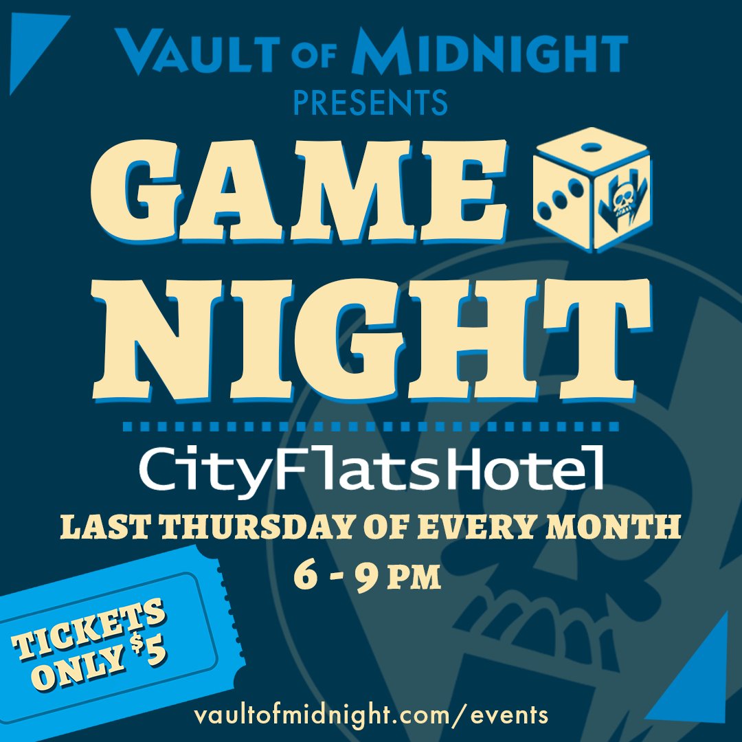 GET YOUR TICKETS NOW TO OUR NEXT GAME NIGHT! Join Vault of Midnight Grand Rapids and our game clerics at City Flats Hotel downtown on May 30th from 6-9PM to play and learn board games for only $5 a person! Tickets: tickettailor.com/events/vaultof… Check our website for more info!