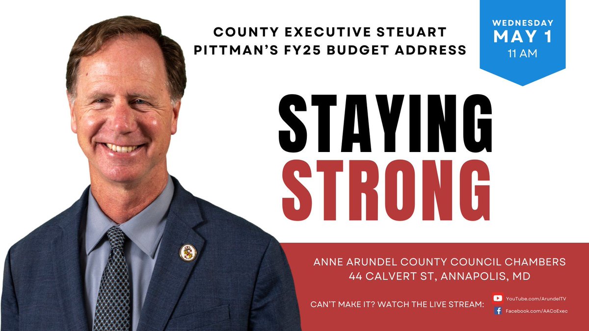 Tomorrow, I will present my FY25 Budget Address to the County Council. #AnneArundel County has made a lot of progress over the past five years, and we’re not about to let up now.