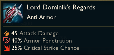Lord Dominik's Regards change. Loses its passive for more armor pen and AD