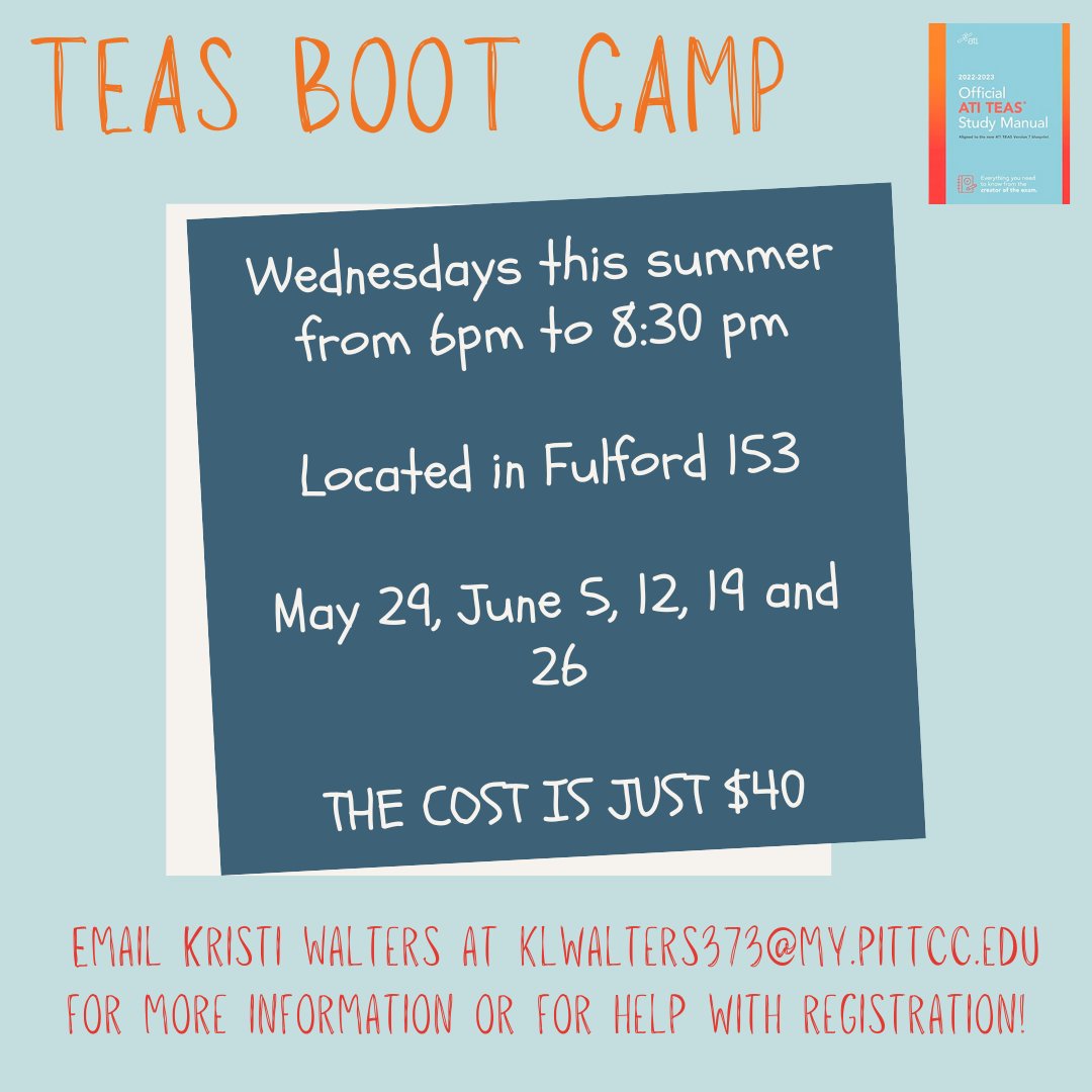 PREPARE TO DO YOUR BEST ON THE TEAS WITH HELP FROM PCC INSTRUCTORS! ⭐

Email Kristi Walters klwalters373@my.pittcc.edu for more information or for help with registration. #pittcc #teas #healthsciences