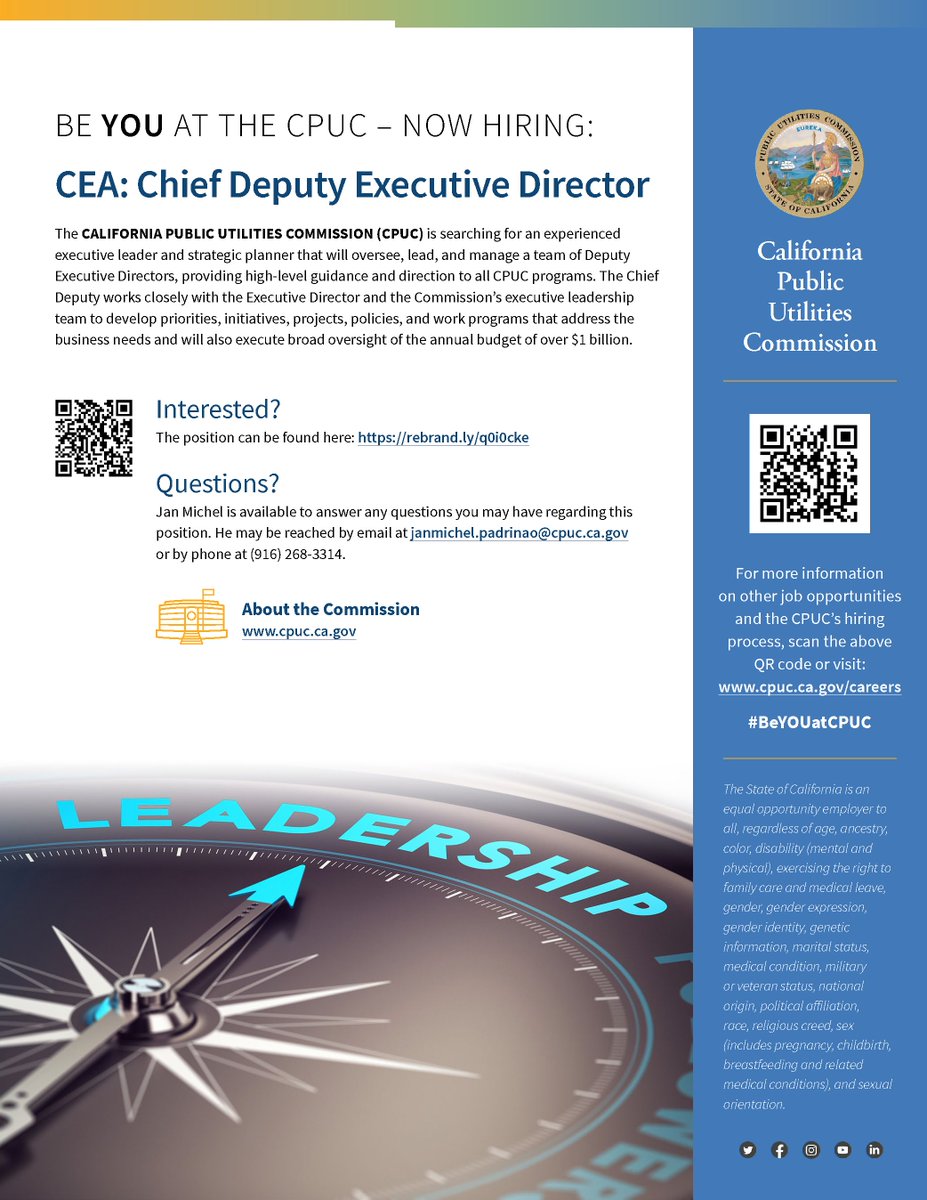 Join the CPUC Executive team! We're looking for a Chief Deputy Executive Director to lead our team of Deputy Executive Directors, providing strategic guidance to all CPUC programs. Apply by May 14, 2024: rebrand.ly/q0i0cke