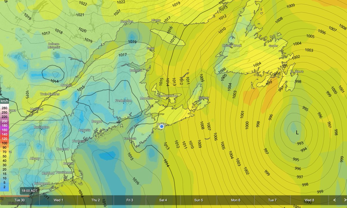 At 7 pm, it's 16° in Stephenville, NL; 2° in Charlottetown, PE! Blame it on the wind wrapping around an extra-tropical cyclone! #windy #spring