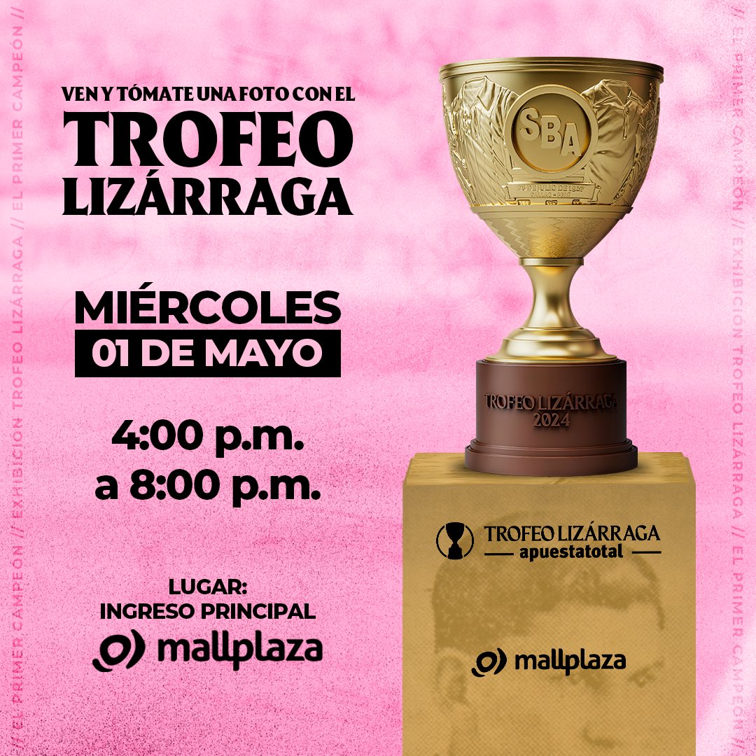 📸 Este miércoles 1 de mayo, de 4:00 a 8:00 p.m., te esperamos en Mallplaza Bellavista para que tengas la oportunidad de tomarte fotos junto al Trofeo Lizárraga 🏆 🛍️ Además, puedes adquirir tu réplica a escala del Trofeo Lizárraga en nuestra Tienda Oficial. #TrofeoLizárraga