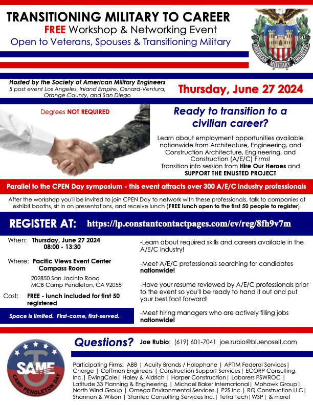 TRANSITIONING MILITARY TO CAREER, FREE Workshop & Networking Event. Open to Veterans, Spouses & Transitioning Military. Sign up today for this great opportunity!

Thursday, June 27 2024
08:00 - 13:30

Register:lp.constantcontactpages.com/ev/reg/8fh9v7m

#stepexperian