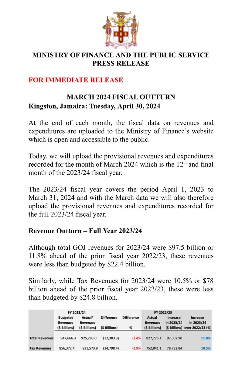 NigelClarkeJa's tweet photo. #PressRelease For Immediate Release 

Fiscal Outturn – March 2024 https://t.co/uZ01xxzrlL