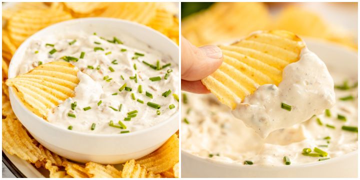 Rich and creamy, this homemade French Onion Dip recipe will be your go-to for gatherings! Super easy to make, with real ingredients, you'll love it!  #homemadedip #snackideas #appetizer #frenchonion #kyleecooks kyleecooks.com/french-onion-d…