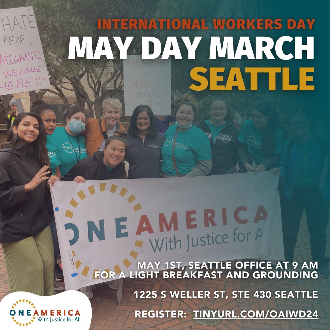 See you tomorrow for May Day March!
We'll start at 9 AM for a light breakfast and grounding. Then, we'll head to the marching location together. 
✴️ Register: tinyurl.com/OAIWD24

#OneAmerica #MayDay #WorkerRights #ImmigrantRights
