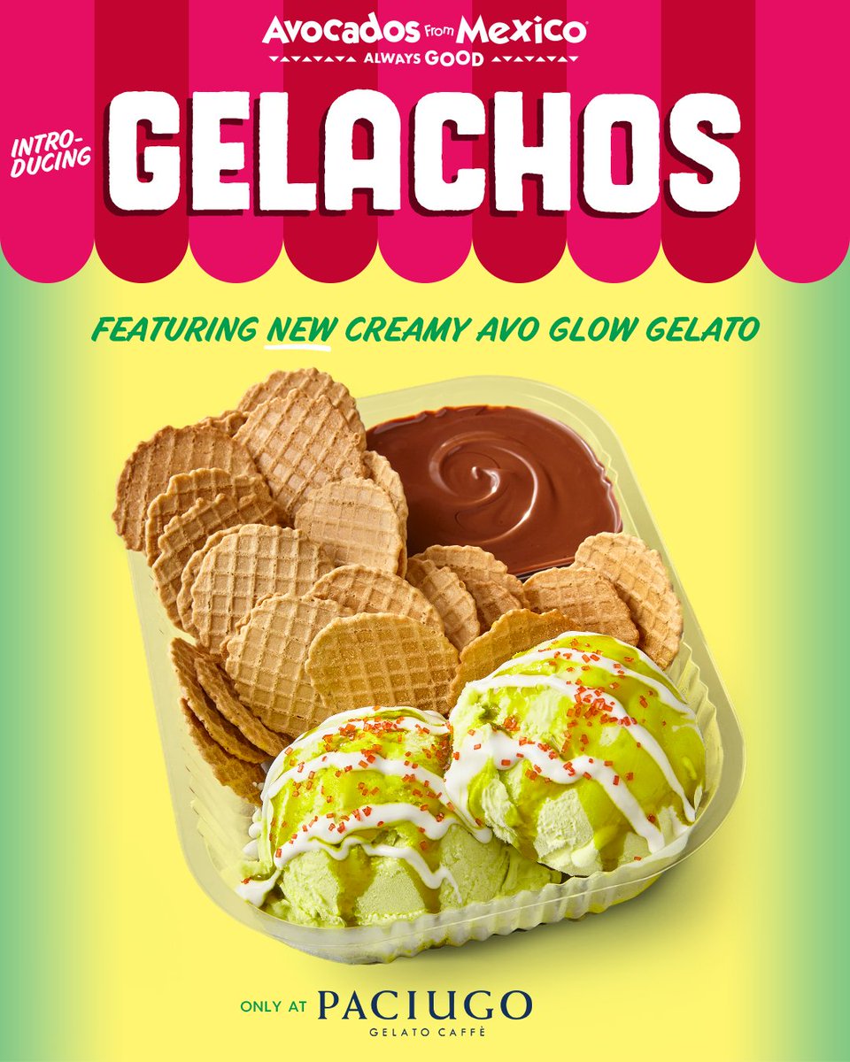 Avocados From Mexico® just got a cool new partner! Introducing Gelachos, featuring NEW creamy Avo Glow gelato made with delicious avocados. Only at @PaciugoGelato, for a limited time!