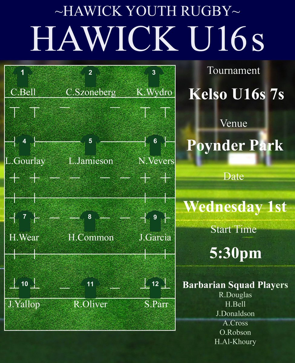 Hawick U16s squad for Kelso 7s tomorrow night. Also listed are the Hawick players who will make up part of the Barbarians squad. Go well lads 💪🏉💚 #HawickYouthRugby #BIHB #AONR