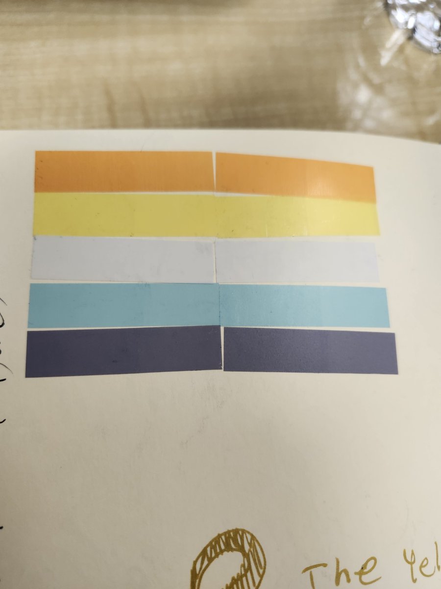 I was trying to make the aroace flag in my malev sketch book with sticky tabs and forgot what the colors were so i based it off my braclet and did it so wrong 💀 but i fixed it. Yay