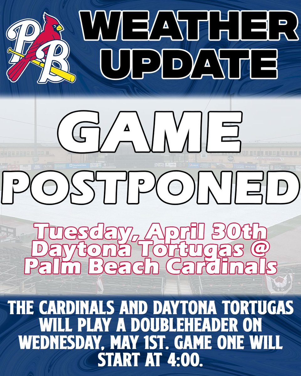 Tonight's 5:00 pm game against the Daytona Tortugas has been postponed. We will play a doubleheader tomorrow, May 1st, starting at 4:00 pm. It will be two seven-inning games. Gates will open at 3:30 pm.