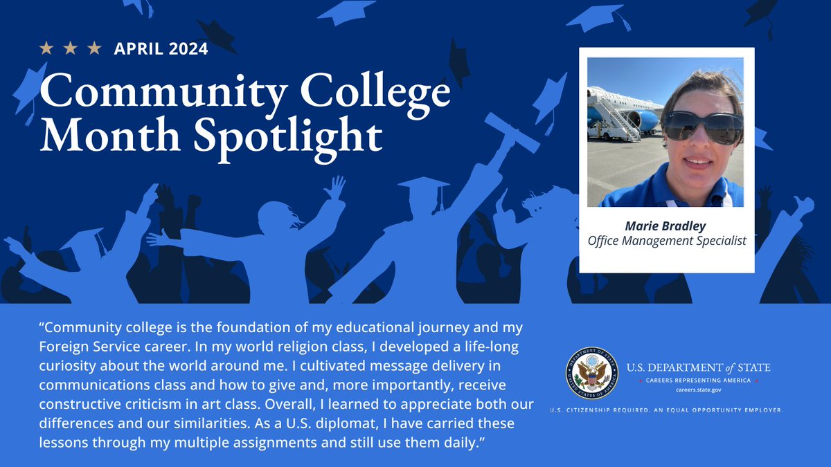 #CCMonth is ending and we would like to celebrate Connie M, Oscar B, and Marie B’s career journeys! Your future career is waiting for you at the U.S. Department of State, learn more about our open roles on careers.state.gov @CCTrustees @CCIDGlobal #CommunityCollegeMonth