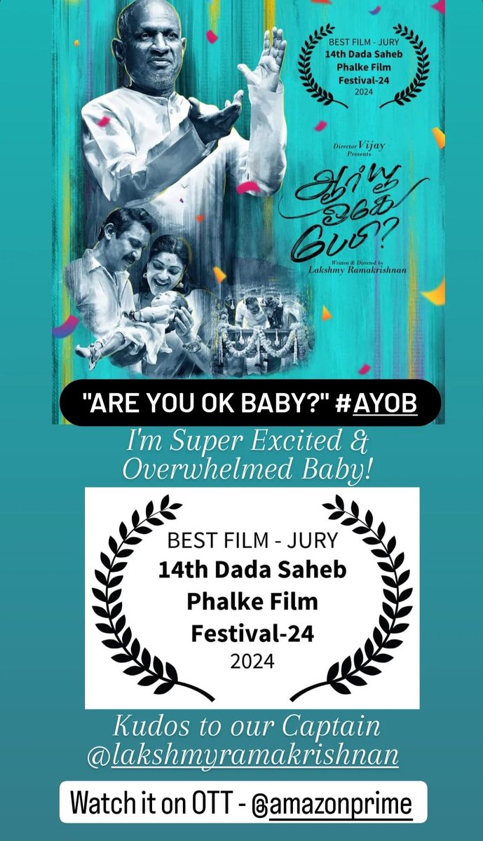 Are You Ok Baby? #AYOB Well, I'm Super Excited, Thrilled & Overwhelmed Baby!!! #AYOB bags the Jury Award as Best Film @ the Dada Saheb Phalke Film Festival Happy to have portrayed the colour of Tyagi in this @LakshmyRamki painting 🙏🌹✨ Team Hug🤗 Warmth & Gratitude, ❤️#AKB