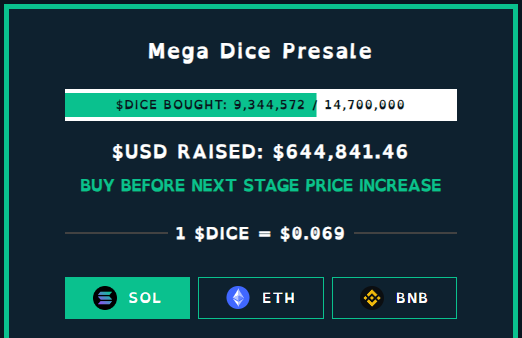 I just aped in on this presale.

- #1 Gamefi on Sol 
- Staking Rewards
- Generous cashback for gambling with $DICE
- They're close to filling their presale

Buy here: megadicetoken.com
