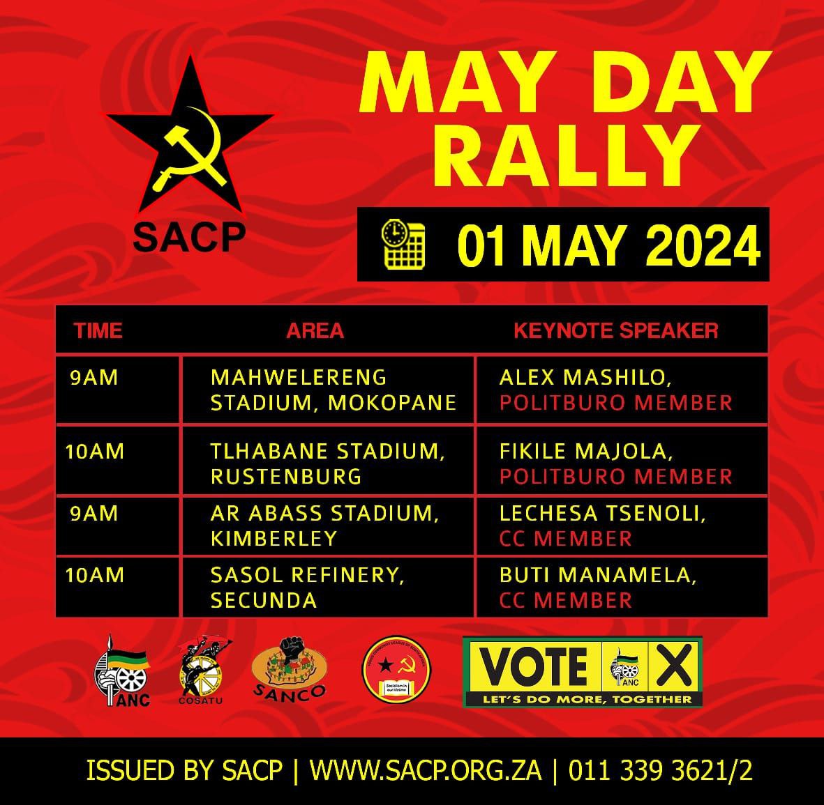 SACP Central Committee members to address workers in #MayDay rallies across the country, organised by #Cosatu. #WorkersDay #InternationalWorkersDay #FreePalestine