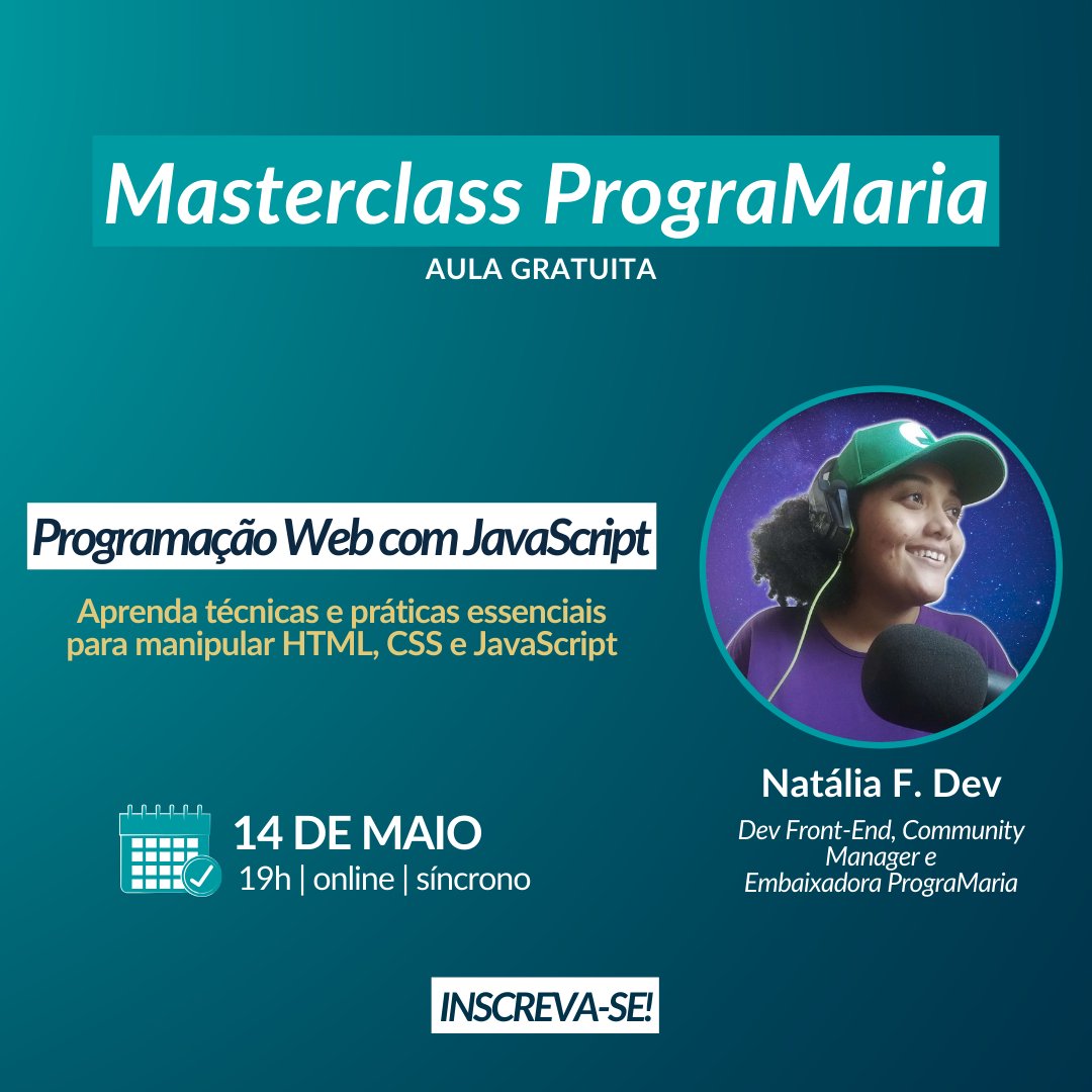 programaria's tweet image. Já pensou em criar sua página web do zero usando JavaScript? Essa é a sua oportunidade! 🚀
Participe dessa aula gratuita e exclusiva!
🔗Inscreva-se no link da bio!
#Masterclass #ProgramaçãoWeb #JavaScript