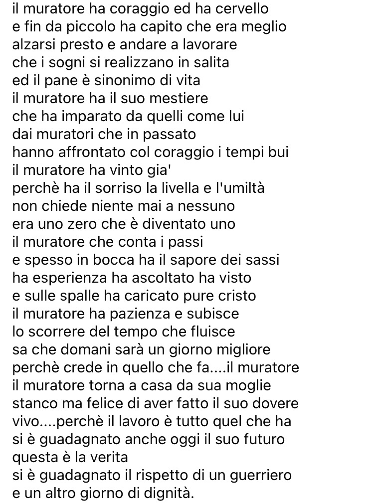 In occasione della #FestadelLavoro dedico questa bellissima e autentica poesia di Fabrizio Moro a tutti i muratori..lavoratori con moltissima dignità ❤️
#PrimoMaggio #fabriziomoro
