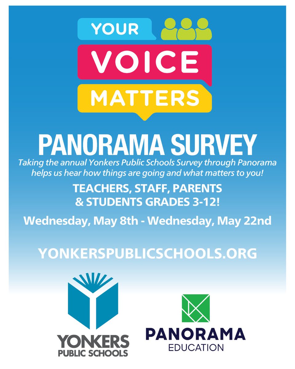 Yonkers Public Schools (@yonkersschools) on Twitter photo Coming May 8, 2024! <a href="/YonkersSchools/">Yonkers Public Schools</a> teachers, staff, parents & students grades 3-12 make your voice matter by taking the school climate survey facilitated by our partners <a href="/PanoramaEd/">Panorama Education</a> Your participation helps us HEAR what matters to YOU! Stay tuned for more!
<a href="/DrF_Hernandez/">Dr. Frank O. Hernández</a> Coming May 8, 2024! <a href="/YonkersSchools/">Yonkers Public Schools</a> teachers, staff, parents & students grades 3-12 make your voice matter by taking the school climate survey facilitated by our partners <a href="/PanoramaEd/">Panorama Education</a> Your participation helps us HEAR what matters to YOU! Stay tuned for more!
<a href="/DrF_Hernandez/">Dr. Frank O. Hernández</a>