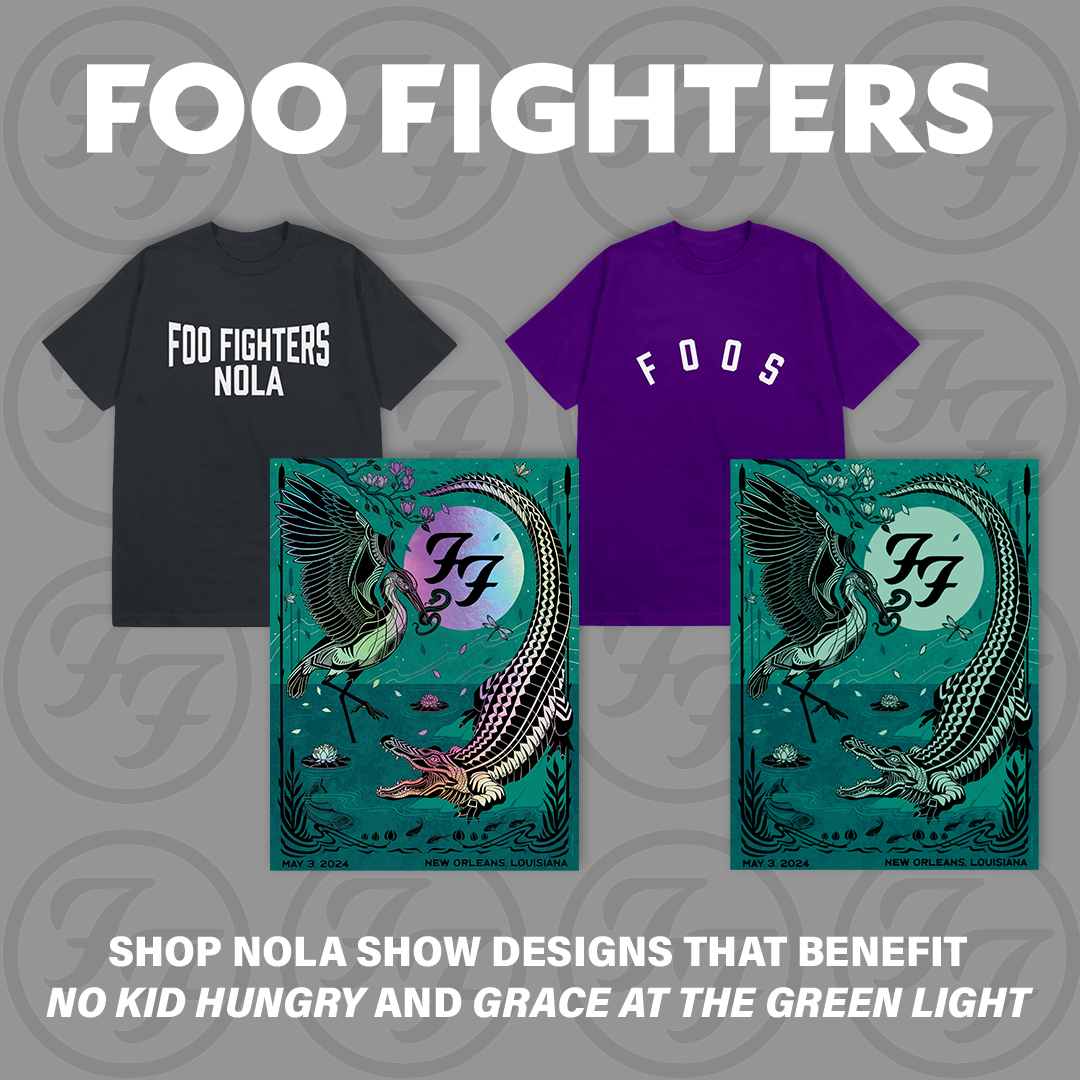 NOLA WE LOVE YOU 💜 Shop the limited edition tees & poster available in the official store!!! Proceeds will be donated to two local New Orleans charities: @nokidhungry and @graceatthegreen. Shop: foofighters.lnk.to/Store