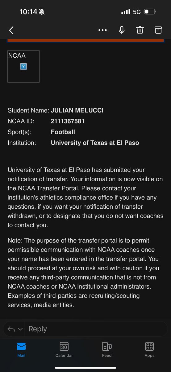 After an amazing year at UTEP I am entering the transfer portal with 4 years of eligibility remaining. 

Thank you to the University of Texas at El Paso.