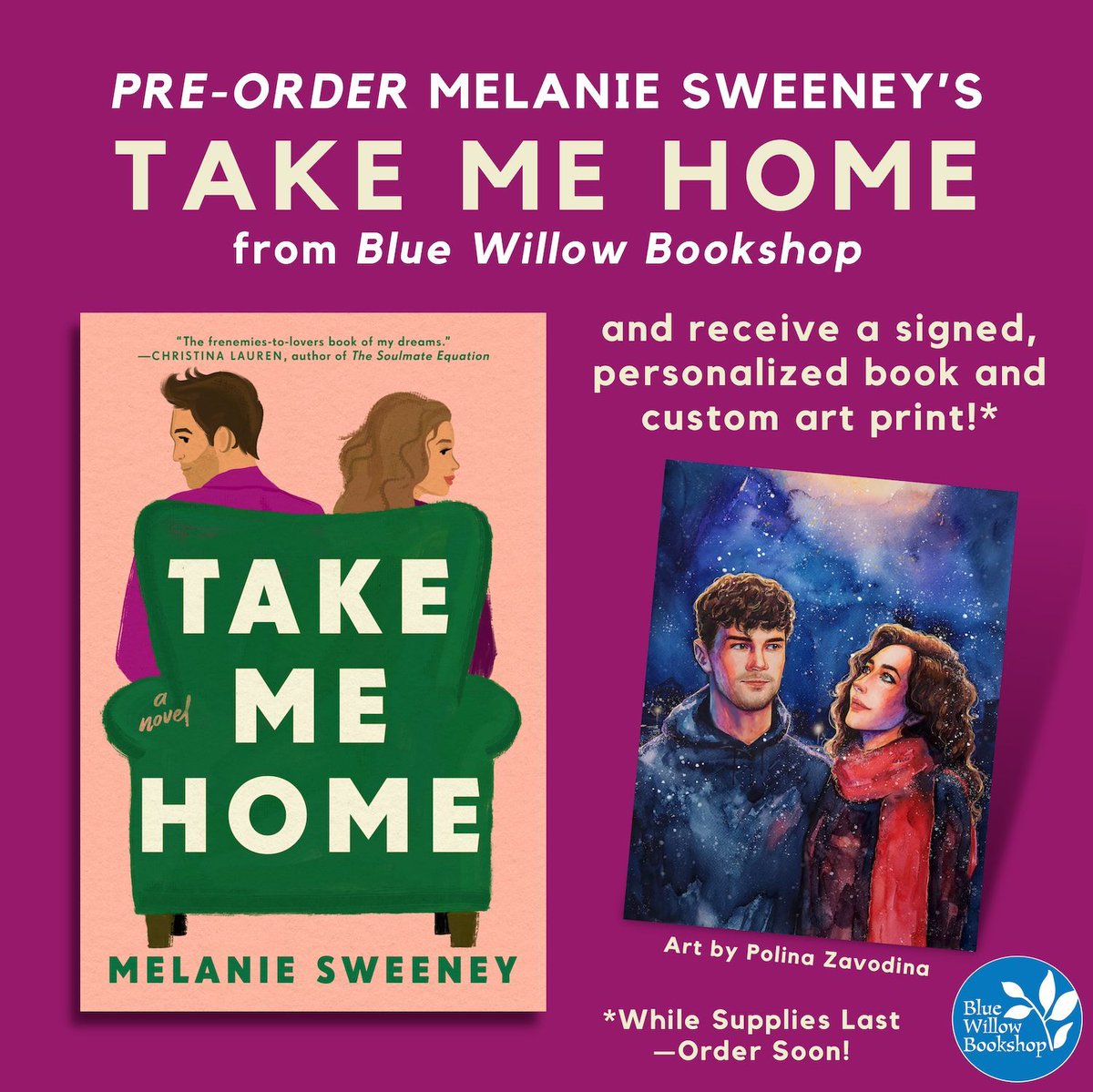 We're delighted to partner with @mellie_sweeney on the pre-order campaign for her debut novel, TAKE ME HOME! ✨ Order your copy with us to receive custom art with your signed (and personalized, if you want!) book! See details here: bluewillowbookshop.com/pre-order-take… @PutnamBooks