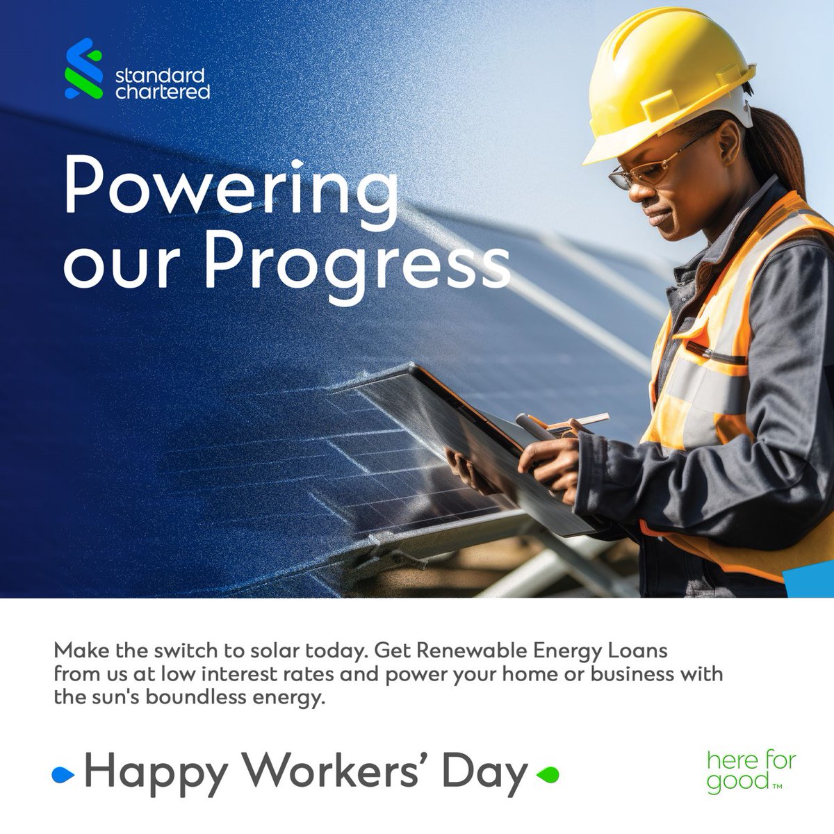 Power up your future this May Day! Make the switch to solar energy and light up your world with sustainable brilliance. Happy Workers’ Day! #StanChartGhana #HappyWorkersDay #RenewableEnergyLoans
