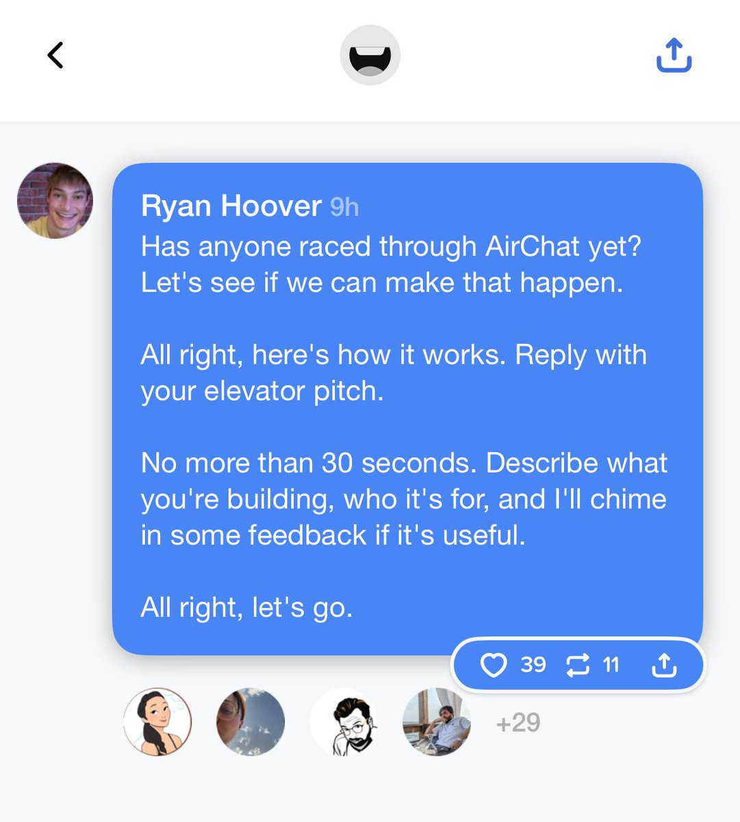 Taking pitches on Airchat. I like this format. :) (raced = raised)