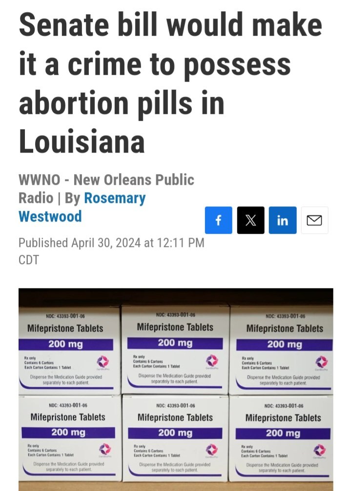 Gop lawmakers in Louisiana have proposed a bill which, if passed, would add both mifepristone & misoprostol to the list of controlled substances.

This bill is targeting the use of online pharmacies to order abortion pills & 'advance provision', where people can order abortion…