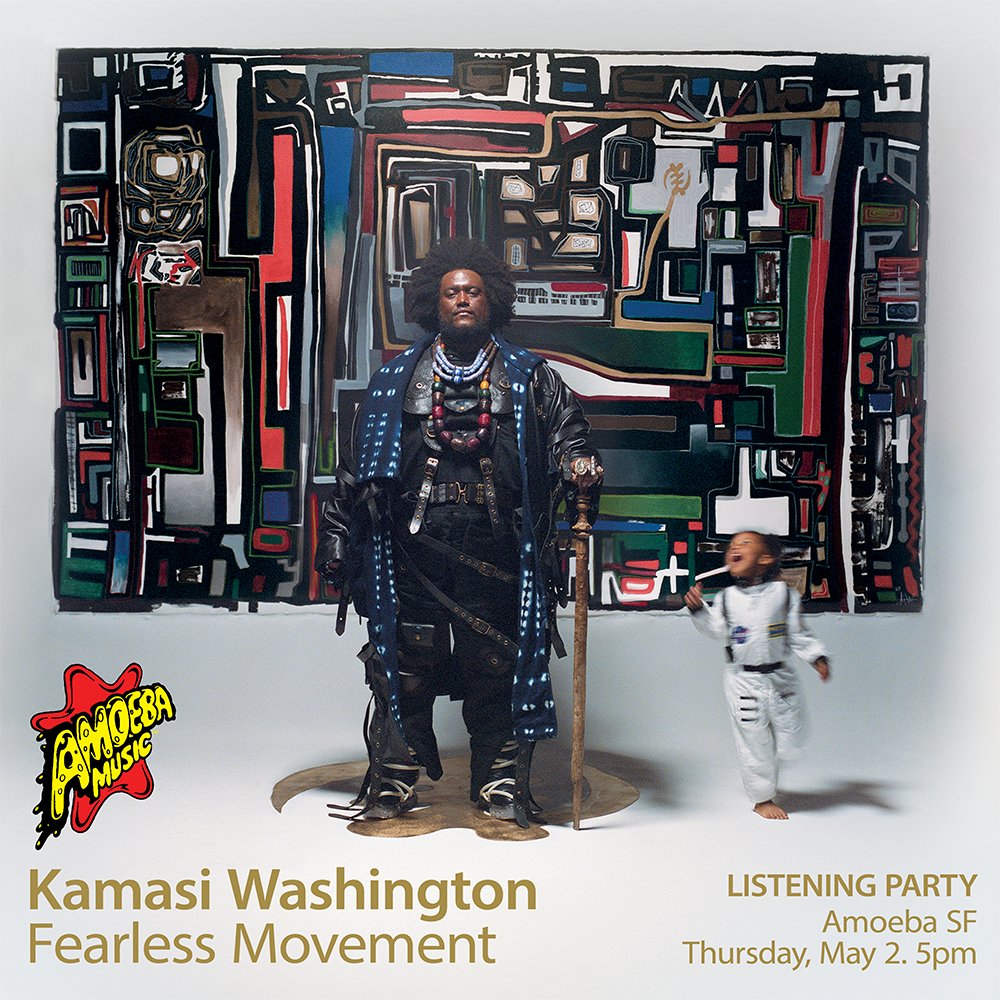 This Thursday is our @KamasiWWashington listening party at Amoeba SF at 5pm! Hear 'Fearless Movement' (out 5/3 on @young_) a day early! Free posters, stickers & more while supplies last. Raffle 🎟️ for signed art prints, album & tix to @thewarfield on 6/7! amoeba.com/live-shows/upc…