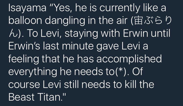 so this is how mikasa felt too after eren's death. before her, kenny held onto the power uri lived inside, levi held onto his oath to erwin.

maybe mikasa's motivation to continue living is the promise she made all the way back in s1, to continue remembering eren. 