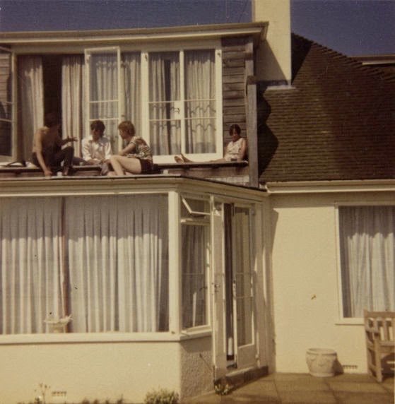 John Lennon, Derek Layder, his cousin David Birch & his half-sister Jackie Dykins at Aunt Mimi's house “Harbour's Edge” in Sandbanks, 1966