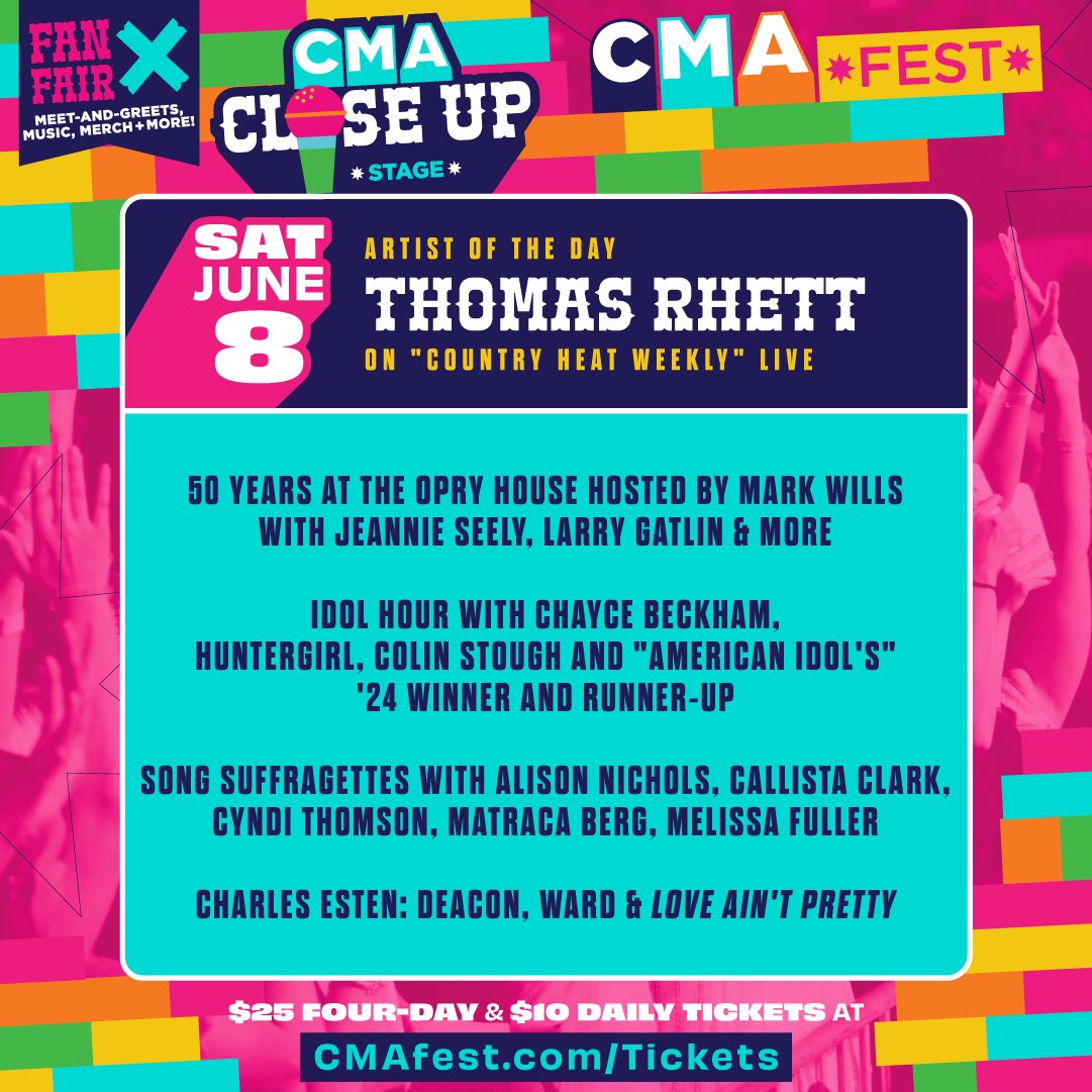 JUST ANNOUNCED! I’m appearing at #CMAfest on the CMA Close Up Stage inside Fan Fair X to support the CMA Foundation. Tickets are available now at CMAfest.com/FanFairX. See you there!