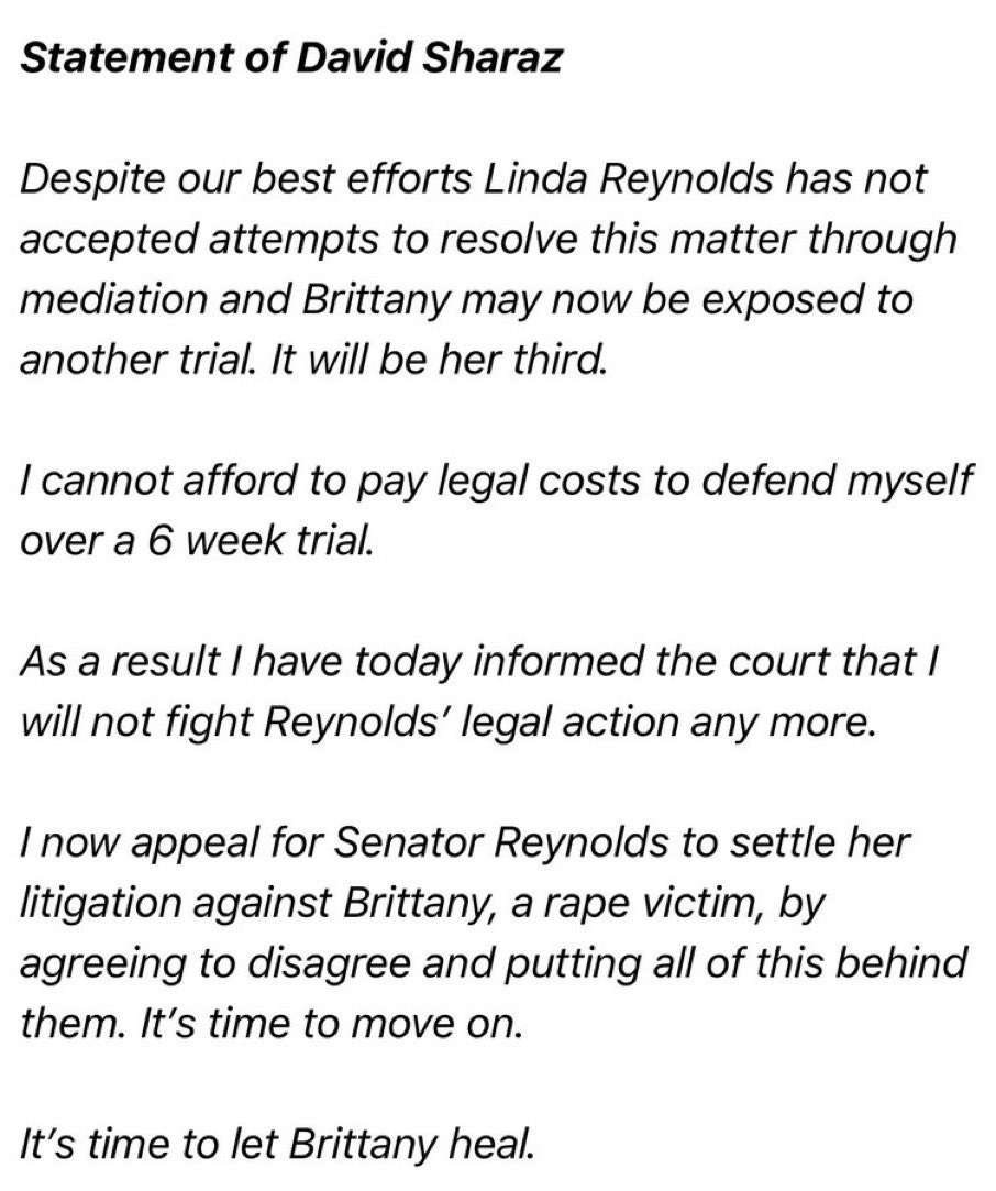 #BrittanyHiggins has endured enough. #LindaReynolds is doing a great job of defaming herself by continuing with her defamation case. The only ones making money are the lawyers.