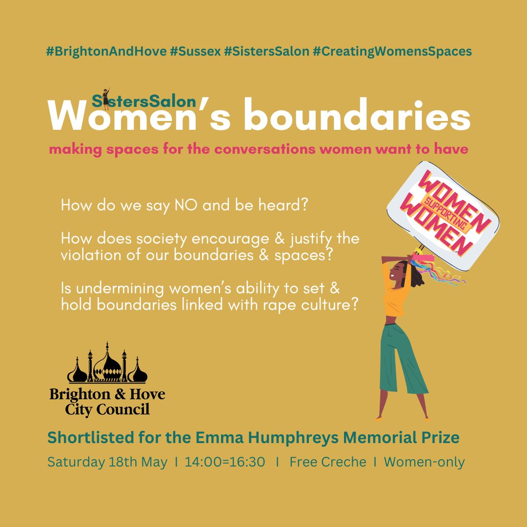 SistersSalon2's tweet photo. Saturday 18th May  I  2pm  I  Central Brighton

Women's Boundaries  I  Free Creche  I  Free2Register

How do we say NO &amp; be heard?
Is undermining women's ability to set &amp; hold boundaries #rapeculture?

#CreatingWomensSpaces #SistersSalon 
Join us for cake!
https://t.co/IIT7UQB8cr https://t.co/7Ya1Gw93Ci