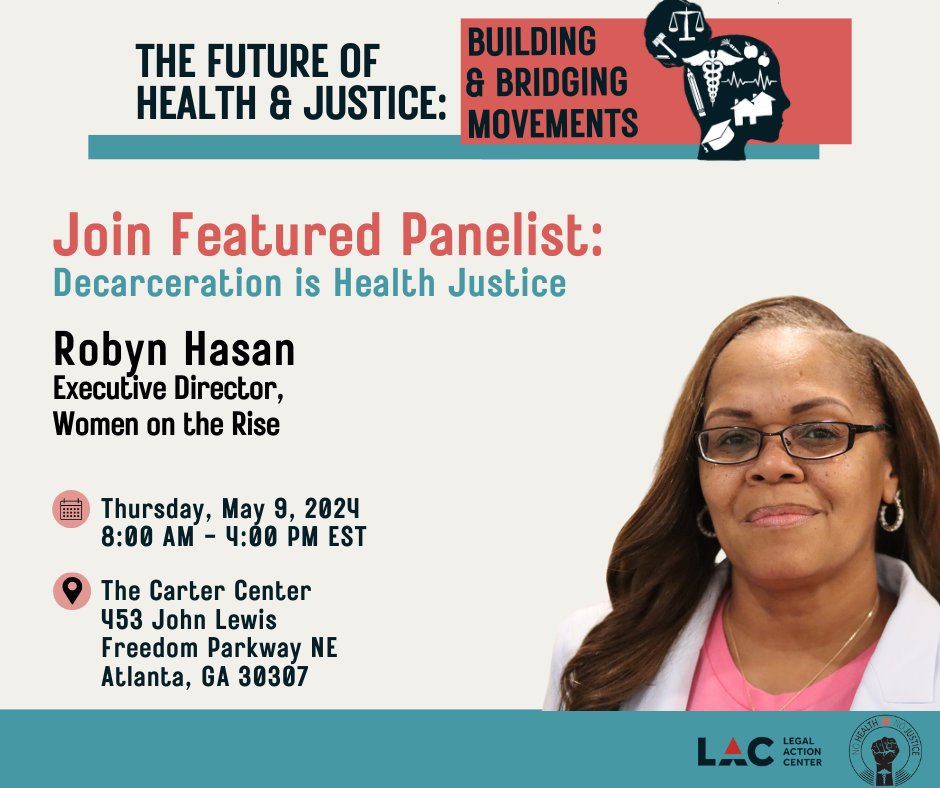 Decarceration = #HealthJustice! Join @WomenOnTheRise1’s ED Robyn Hasan & fellow non-profit leaders to learn about the future of #decarceration at our 5/9 #NoHealthNoJustice natl convening! Get your tickets here: bit.ly/HealthJustice2…